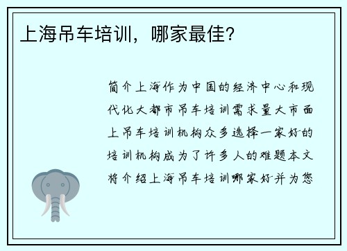 上海吊车培训，哪家最佳？