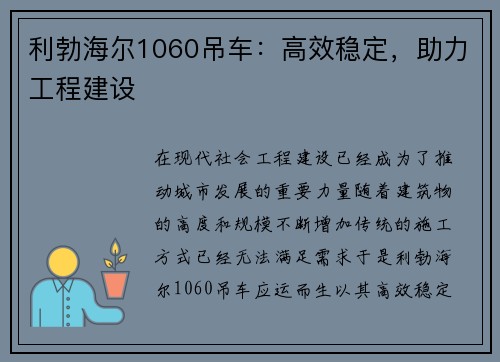 利勃海尔1060吊车：高效稳定，助力工程建设