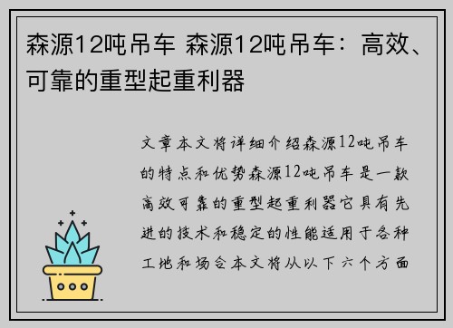 森源12吨吊车 森源12吨吊车：高效、可靠的重型起重利器